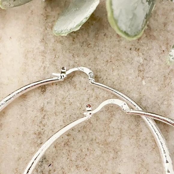 925 Sterling Silver Hoop Earrings Textured Large Hoop Earrings Diamond Cut Hoops - Picture 4 of 5
